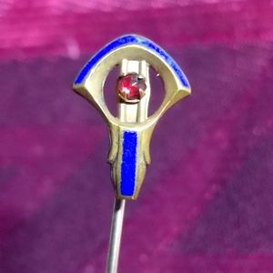 Antique stickpin red gem blue enamel stick pin lapel brooch gold tone